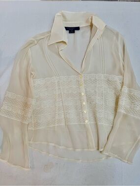 Sheer Cream Lace-Trim Button-Front Blouse